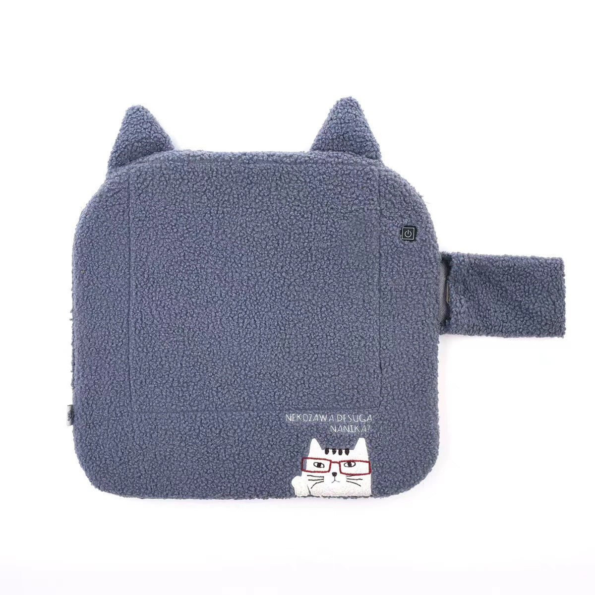 日本kusuguru刺繡貓咪仿羊羔毛USB 連接埠加熱墊蒲團座墊保暖坐墊974｜灰色6734-2／44 × 41 cm