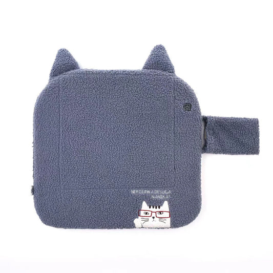 日本kusuguru刺繡貓咪仿羊羔毛USB 連接埠加熱墊蒲團座墊保暖坐墊974｜灰色6734-2／44 × 41 cm