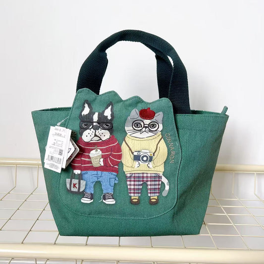 日本Kusuguru正品刺繡法鬥貓咪手提包手提包帆布飯盒包通勤402｜露西and保羅綠8528-2