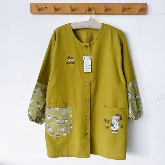 Kusuguru正品刺繡爬貓圍裙家務防油防污花藝烘焙反穿服卡通601｜爬貓芥黃色9447-1