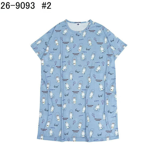 日本Kusuguru正品印花居家服睡裙套裝短袖短褲天竺棉卡通519｜睡裙眼鏡貓藍9093-2／單一尺寸