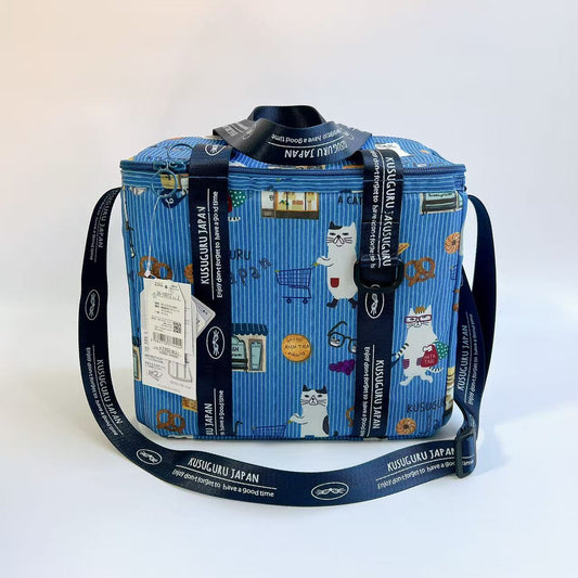 Kusuguru正品數位印貓咪法鬥保溫包保冷杯野餐包大型錫箔折疊508｜眼鏡貓藍10072-2