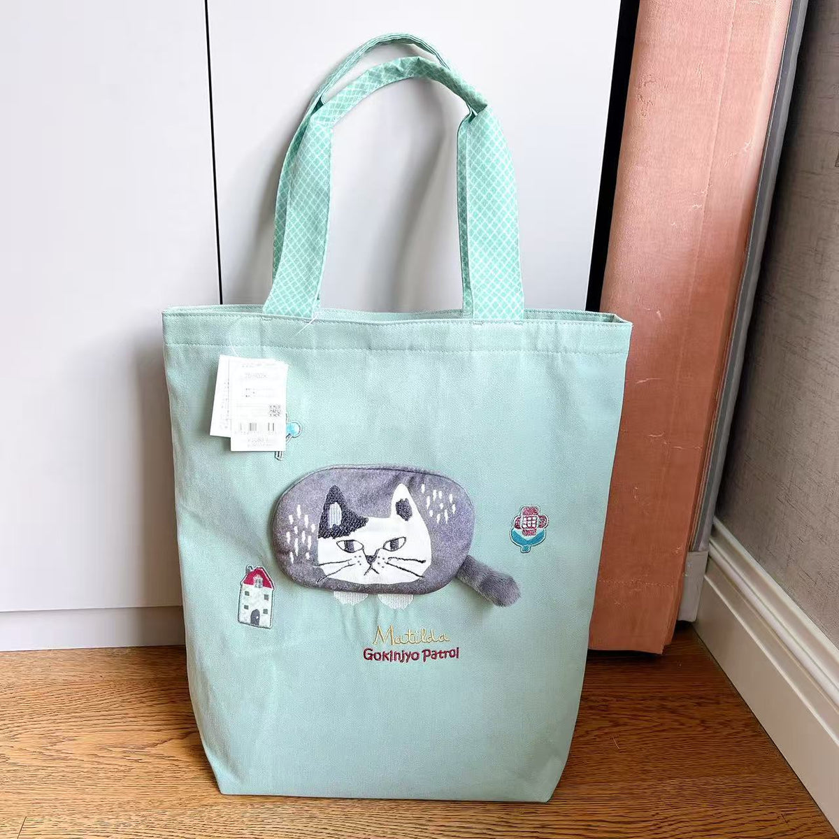 日本Kusuguru正品刺繡爬貓肩背包手提包補習包手提包布藝通勤501｜爬貓綠色9028-2