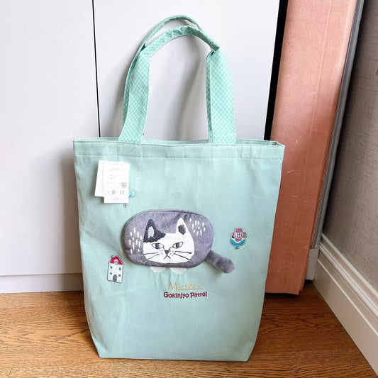 日本Kusuguru正品刺繡爬貓肩背包手提包補習包手提包布藝通勤501｜爬貓綠色9028-2