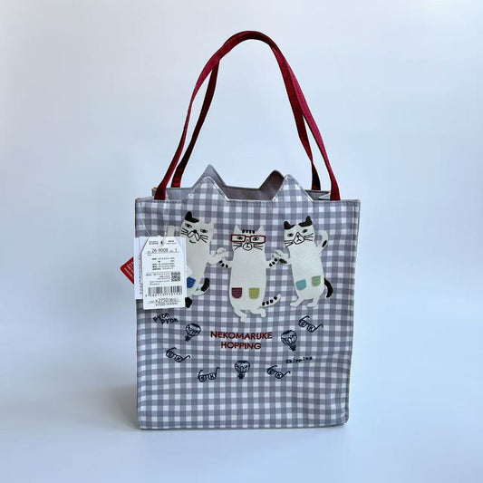 日本Kusuguru正品刺繡眼鏡貓手提包手提包補習包逛街購物通勤500｜眼鏡貓灰格子9008-1