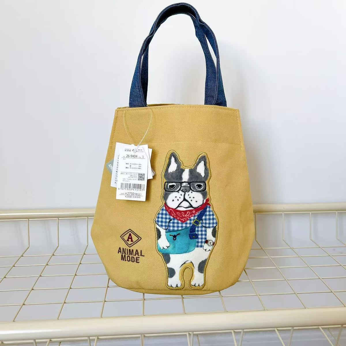 日本Kusuguru正品刺繡貓咪法鬥手提包手提包水桶包通勤布藝包502｜保羅黃色9404-1