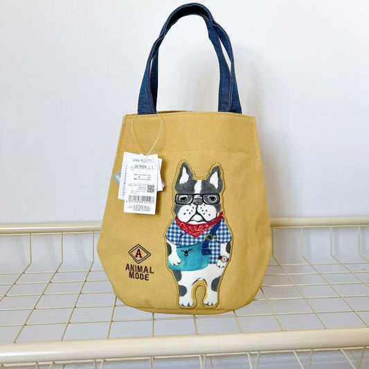 日本Kusuguru正品刺繡貓咪法鬥手提包手提包水桶包通勤布藝包502｜保羅黃色9404-1
