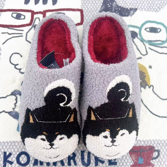 日本Kusuguru正品刺繡提花拖鞋羊絨顆粒地板拖防滑居家保暖鞋保暖421｜柴犬灰色8698-1／單一尺寸