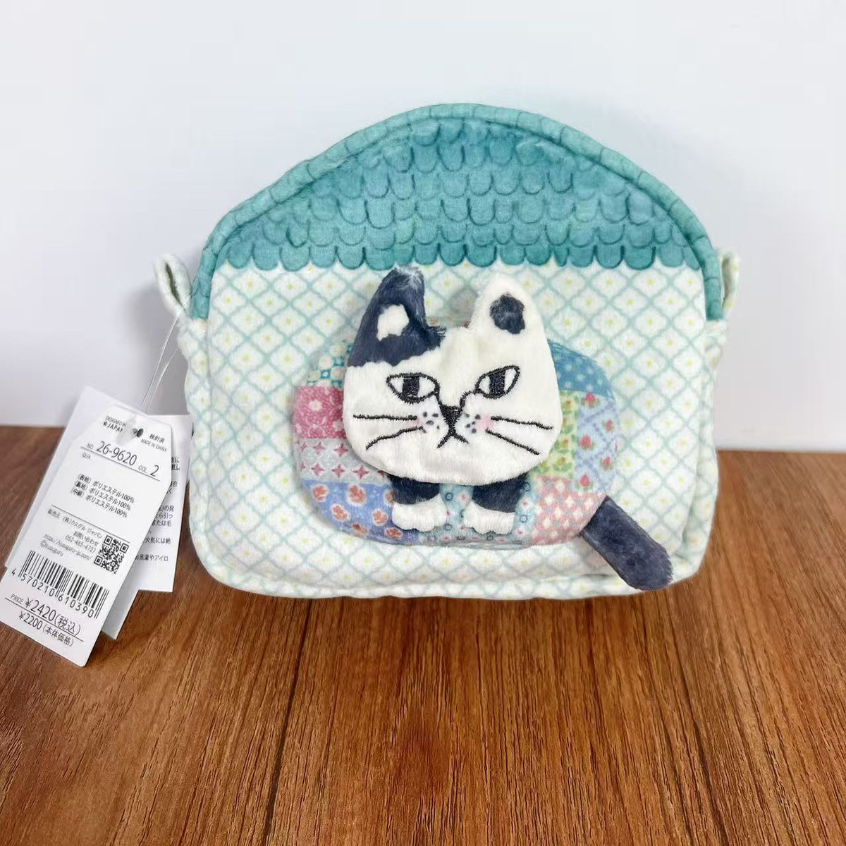 日本Kusuguru正品刺繡爬貓零錢包房子收納包耳機傳輸線包卡通601｜藍房子爬貓9620-2