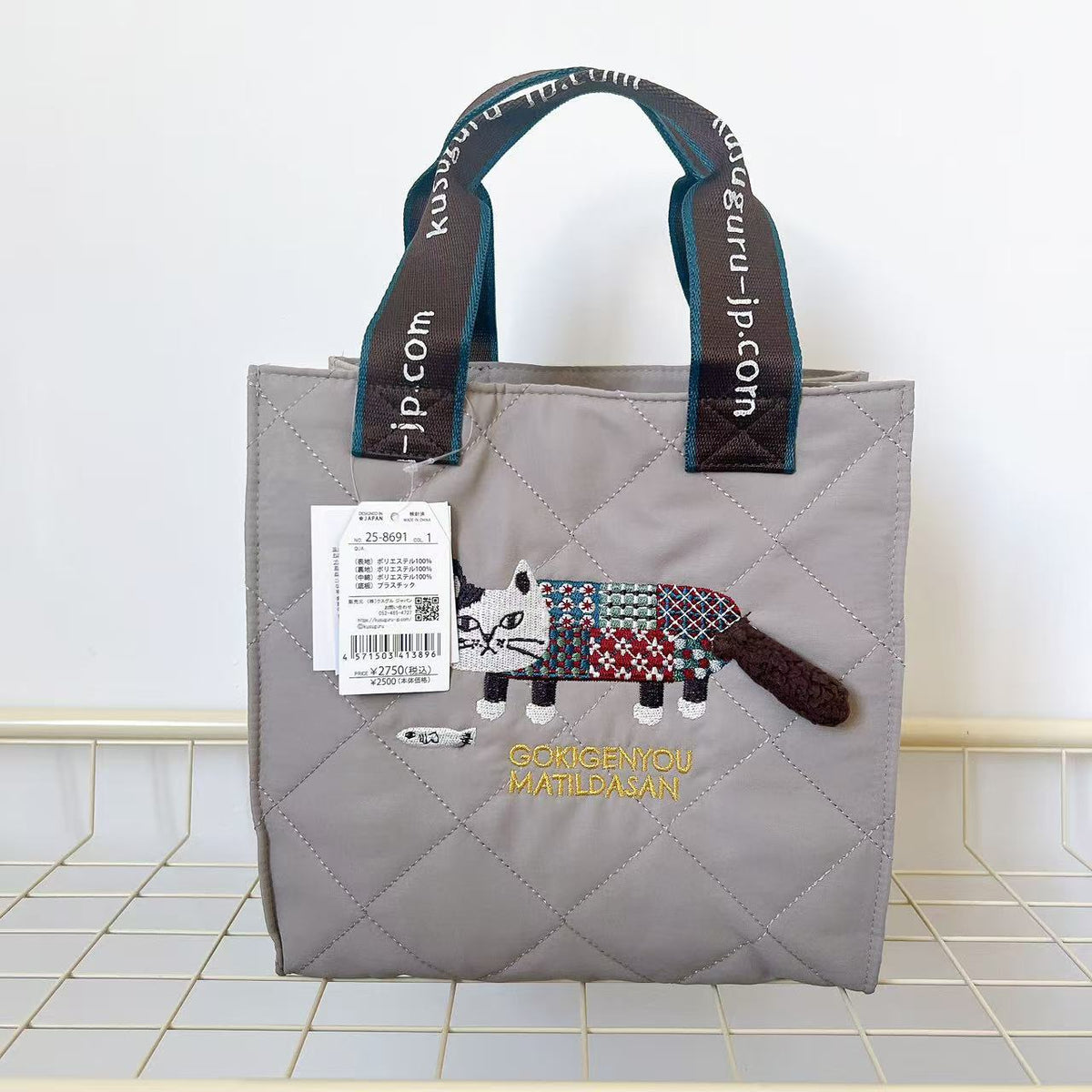 日本Kusuguru正品刺繡爬貓手提包絎縫手提包飯盒包逛街購物包427｜爬貓米色8691-1