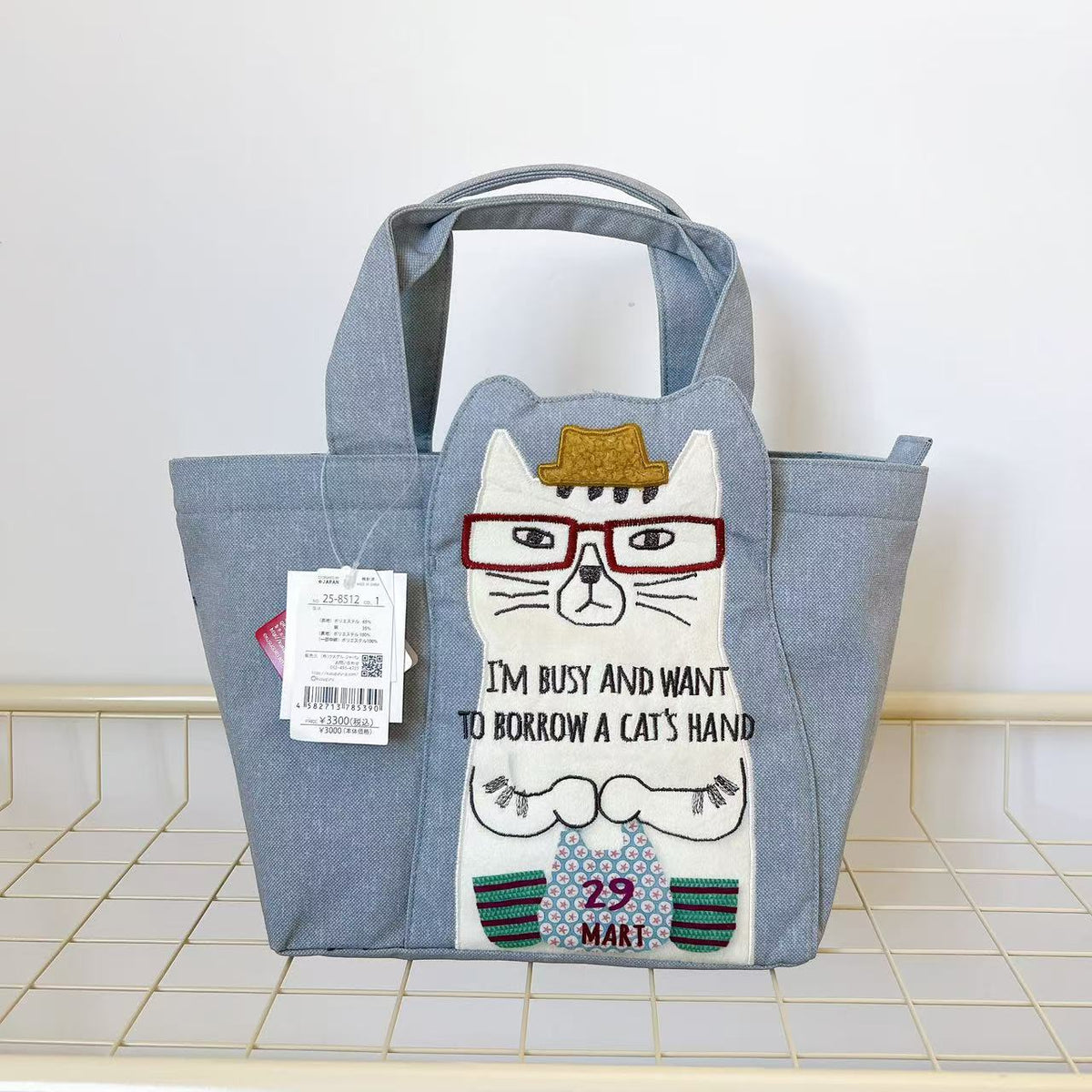 日本Kusuguru正品刺繡貓咪手提包手提包飯盒包帆布購物通勤400｜灰色8512-1