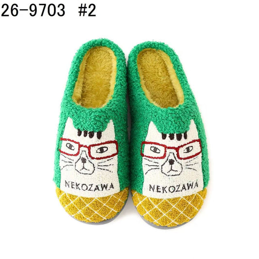 日本Kusuguru正品刺繡提花拖鞋羊絨顆粒地板拖防滑居家保暖鞋保暖625｜眼鏡貓綠9703-2／單一尺寸