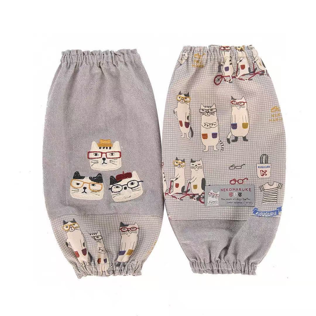 日本Kusuguru正品刺繡眼鏡貓袖套家務防油防污袖套花藝烘焙881｜眼鏡貓灰色5007-3