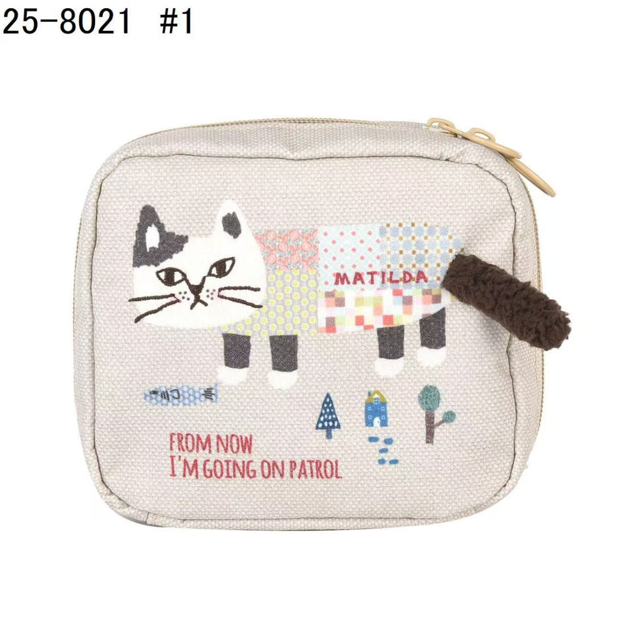 日本Kusuguru刺繡爬貓零錢包手拿包帆布布藝收納包化妝包卡通301｜米色爬貓8021-1