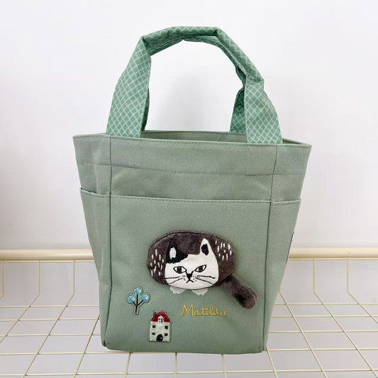 日本Kusuguru正品刺繡爬貓手提包手提包帆布袋飯盒包購物通勤501｜爬貓綠9021-2