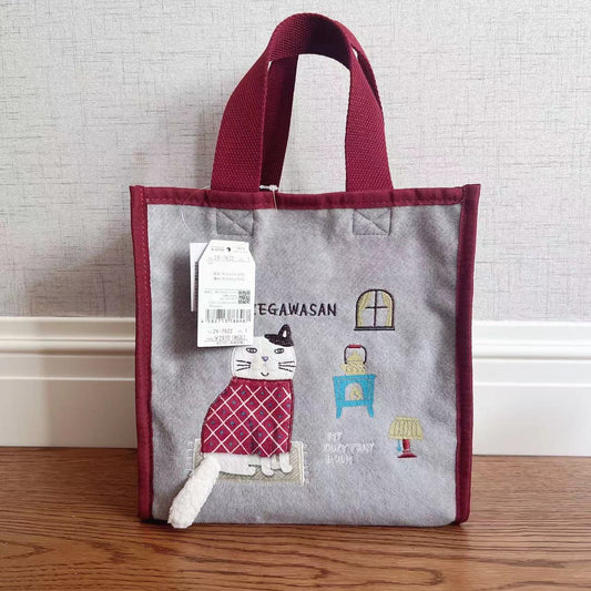 日本kusuguru品牌刺繡胖貓刷毛手提包手提包飯盒包補習包214｜灰色7622-1