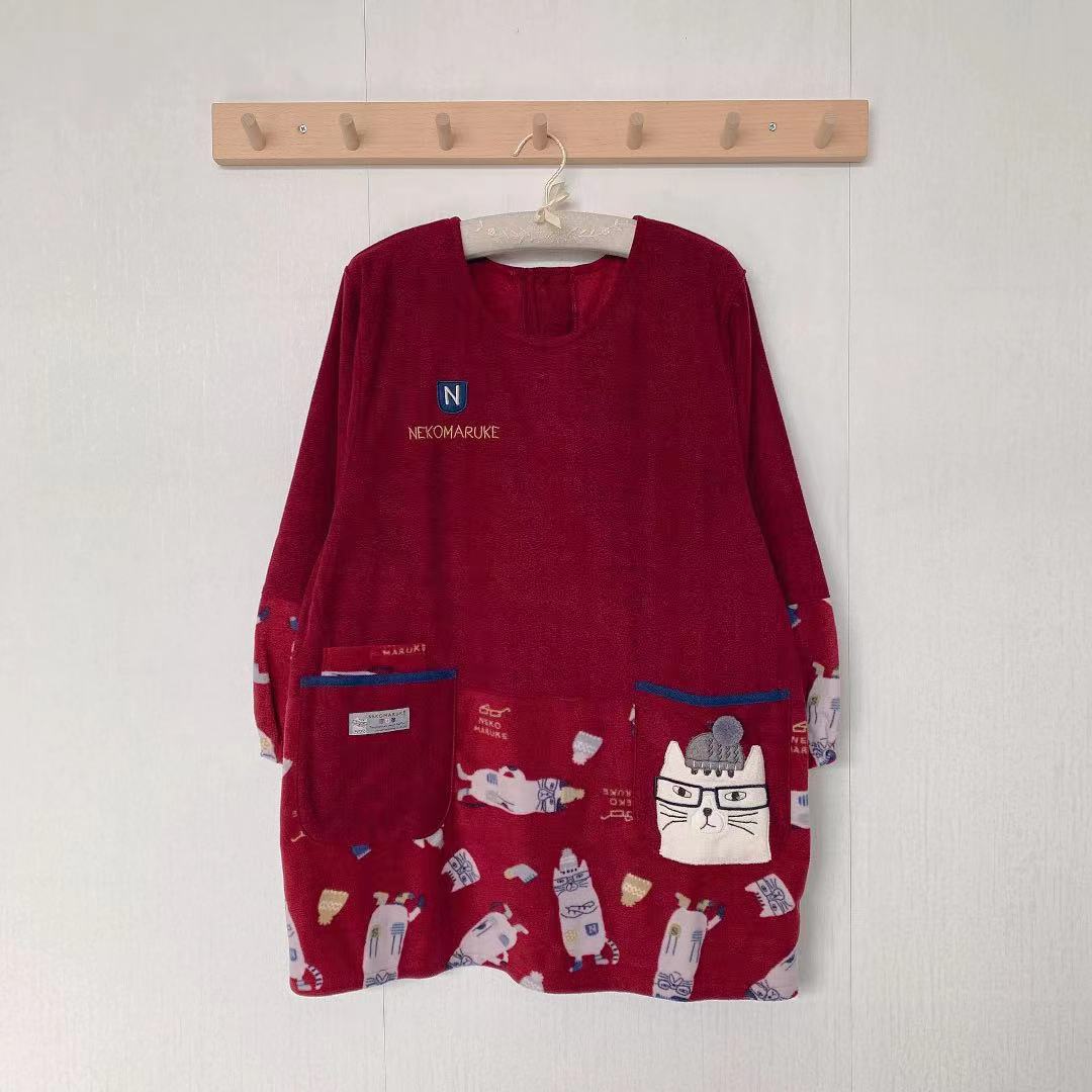 日本刷毛刺繡貓咪居家圍裙防污防油防汙罩衫反穿烘焙花藝保暖874｜酒紅色3151