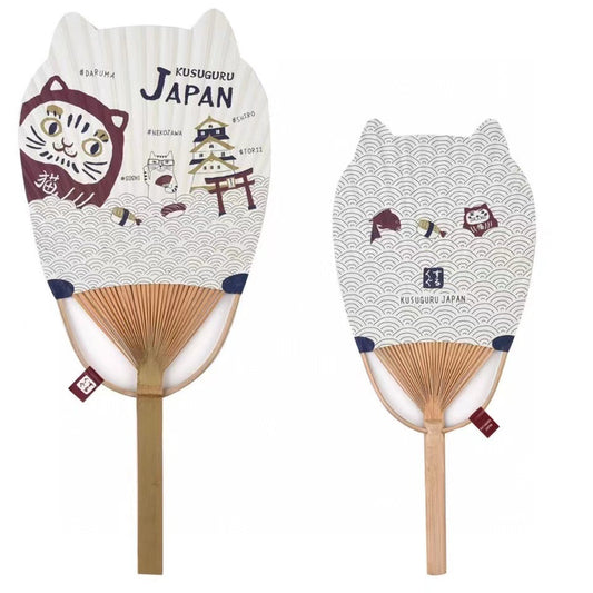 日本kusuguru貓咪圖案竹扇日式和風團扇納涼蒲團雙面輕便方便攜帶122｜不倒翁貓7108