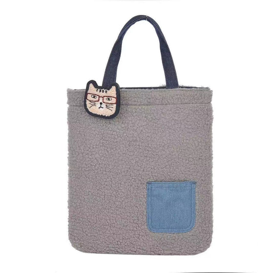 日本刺繡貓咪別針手提包仿羊羔毛起毛格子拼接ipad包補習包866｜淺灰色拼接