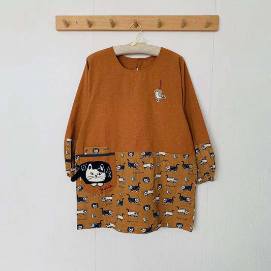 日本新款刺繡爬貓居家圍裙防油防污防汙罩衫反穿烘焙花藝長袖861｜橘色3027-1