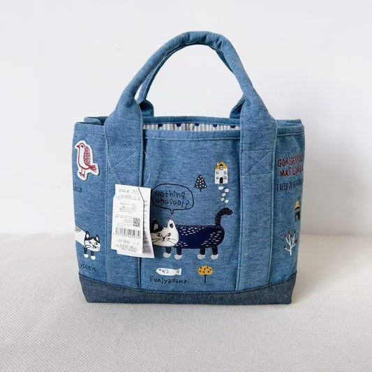 日本Kusuguru正品刺繡爬貓手提包托特包手提包健康布布藝隔層969｜藍色爬貓6628-2