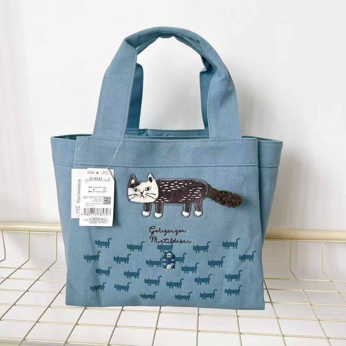 日本Kusuguru正品刺繡爬貓手提包手提包隔層包飯盒包購物通勤401｜爬貓藍8543-2
