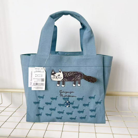 日本Kusuguru正品刺繡爬貓手提包手提包隔層包飯盒包購物通勤401｜爬貓藍8543-2
