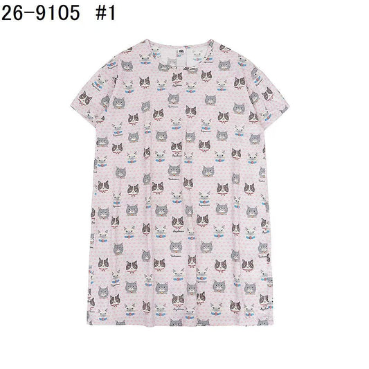 日本Kusuguru正品貓咪印花居家睡裙睡褲綿綢人造棉居家服舒適514｜睡裙蜜豆貓頭粉9105-1／單一尺寸