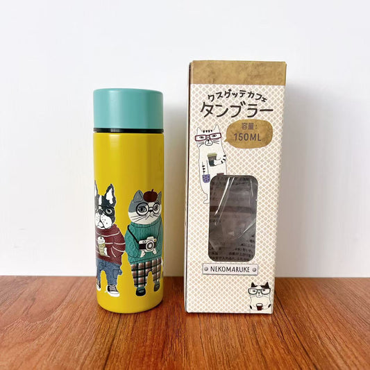 日本Kusuguru正品貓咪法鬥保溫杯口袋杯隔熱方便攜帶316不鏽鋼小型405｜露西保羅亮黃9414-1／150 ml