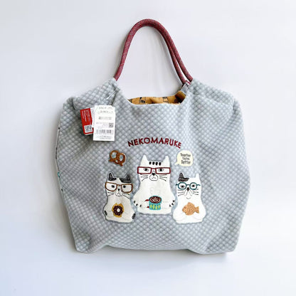 日本Kusuguru正品刺繡眼鏡貓手提包手提包肩背包刷毛購物包621｜眼鏡貓灰9673-1