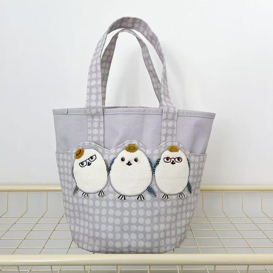 日本Kusuguru正品刺繡小雞手提包手提包大型水桶包通勤布藝503｜淺紫色水桶包9053-2