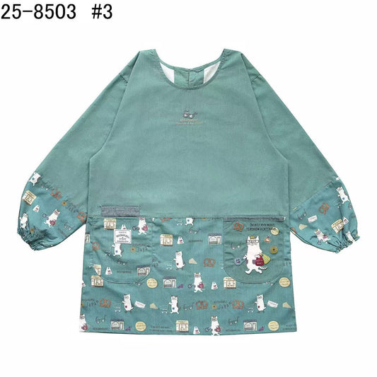 日本Kusuguru正品刺繡貓咪長袖圍裙家務防油防污反穿服花藝烘焙40｜眼鏡貓藍綠8503-3