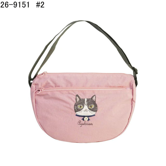 日本Kusuguru正品重工刺繡貓咪法鬥斜背包月亮包腋下包肩背包509｜蜜豆貓頭粉9151-2