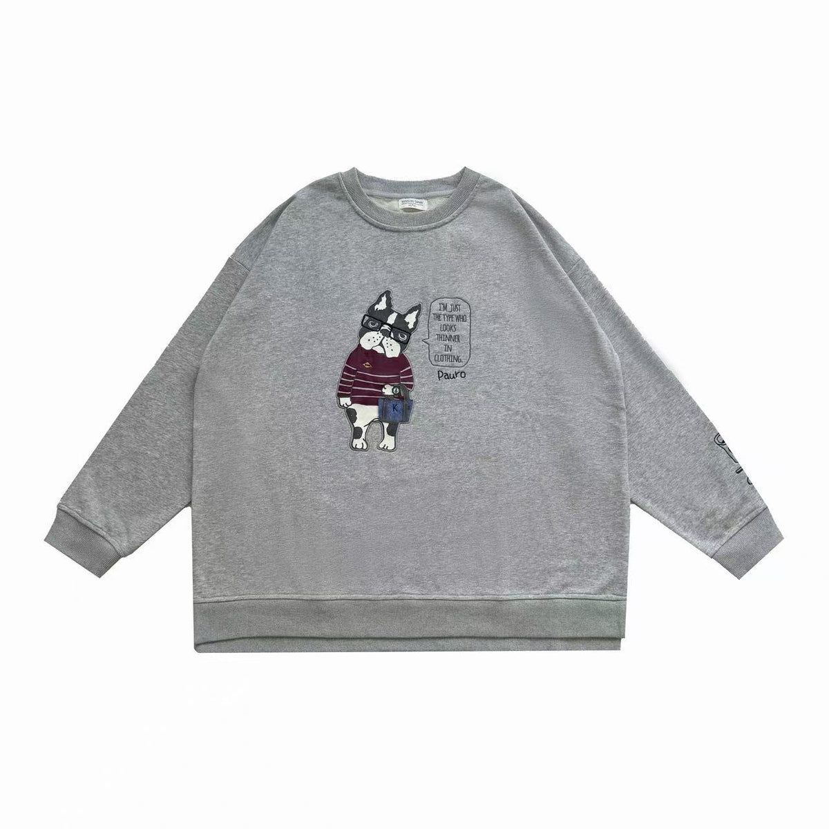 日本Kusuguru正品刺繡貓咪狗子大學T圓領休閒毛圈長袖寬鬆415432｜保羅麻灰8633-2／單一尺寸
