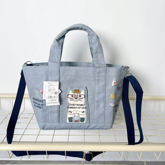 日本Kusuguru正品刺繡貓咪斜背包肩背包手提包托特包隔層覆膜400｜眼鏡貓灰色8510-1