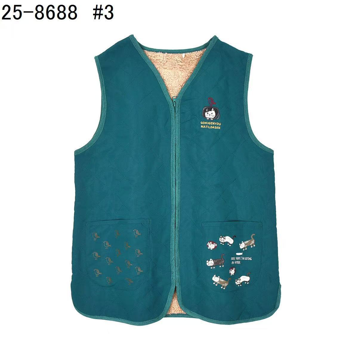 日本Kusuguru正品刺繡爬貓絎縫馬甲女性坎肩背心加絨保暖休閒427｜爬貓孔雀藍8688-3／單一尺寸