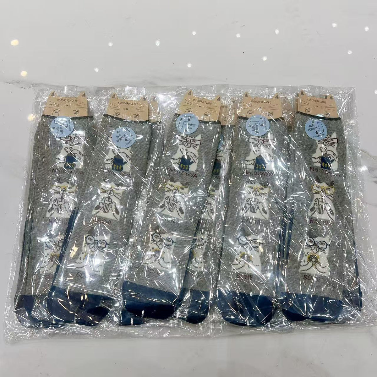 日本Kusuguru提花貓咪船襪中筒襪卡通棉襪堆堆襪襪子521(10雙入)｜中筒眼鏡貓麻灰9162-1／單一尺寸