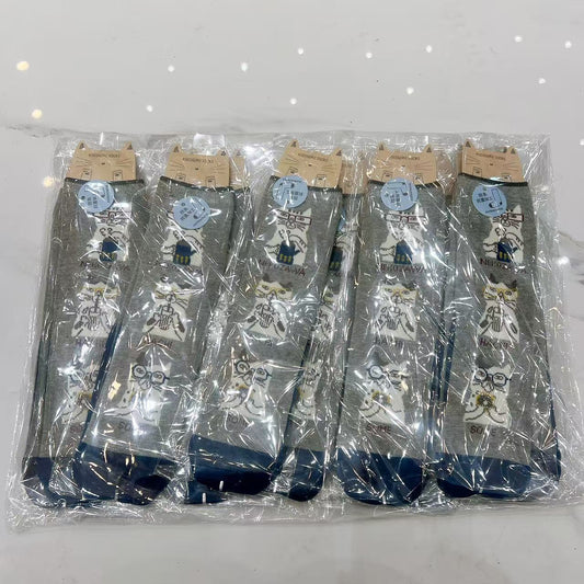 日本Kusuguru提花貓咪船襪中筒襪卡通棉襪堆堆襪襪子521(10雙入)｜中筒眼鏡貓麻灰9162-1／單一尺寸