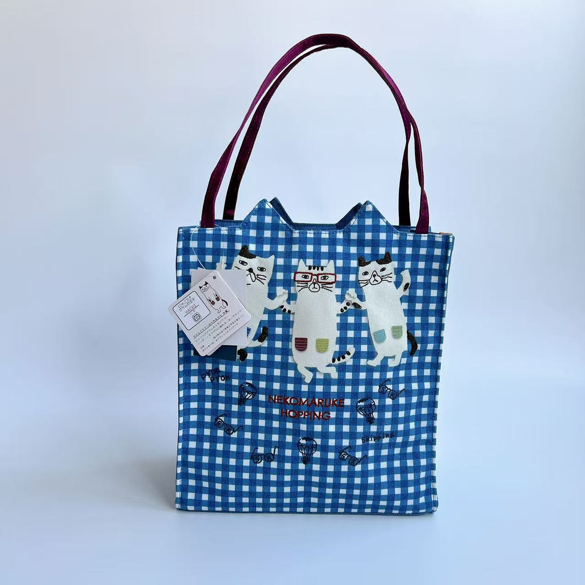 日本Kusuguru正品刺繡眼鏡貓手提包手提包補習包逛街購物通勤500｜眼鏡貓藍格子9008-2