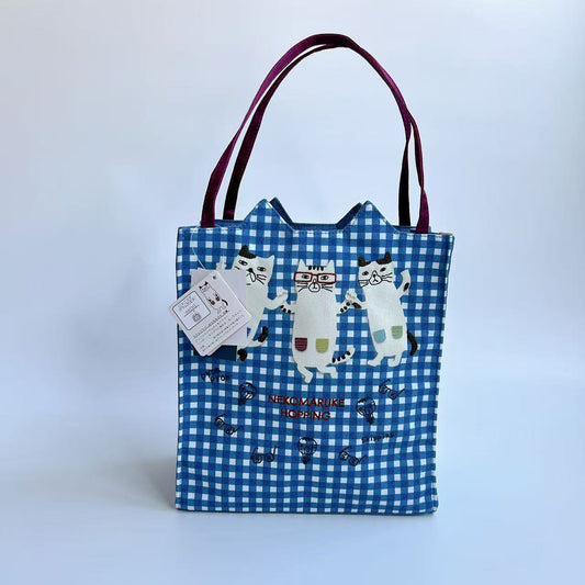 日本Kusuguru正品刺繡眼鏡貓手提包手提包補習包逛街購物通勤500｜眼鏡貓藍格子9008-2