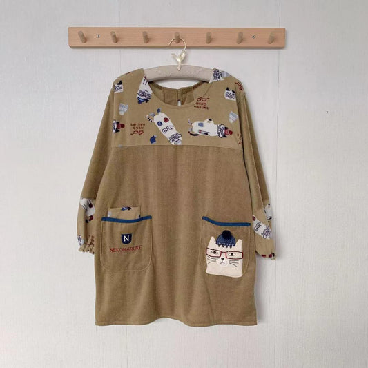 日本刷毛刺繡貓咪居家圍裙防污防油防汙罩衫反穿烘焙花藝保暖874｜米黃色3153