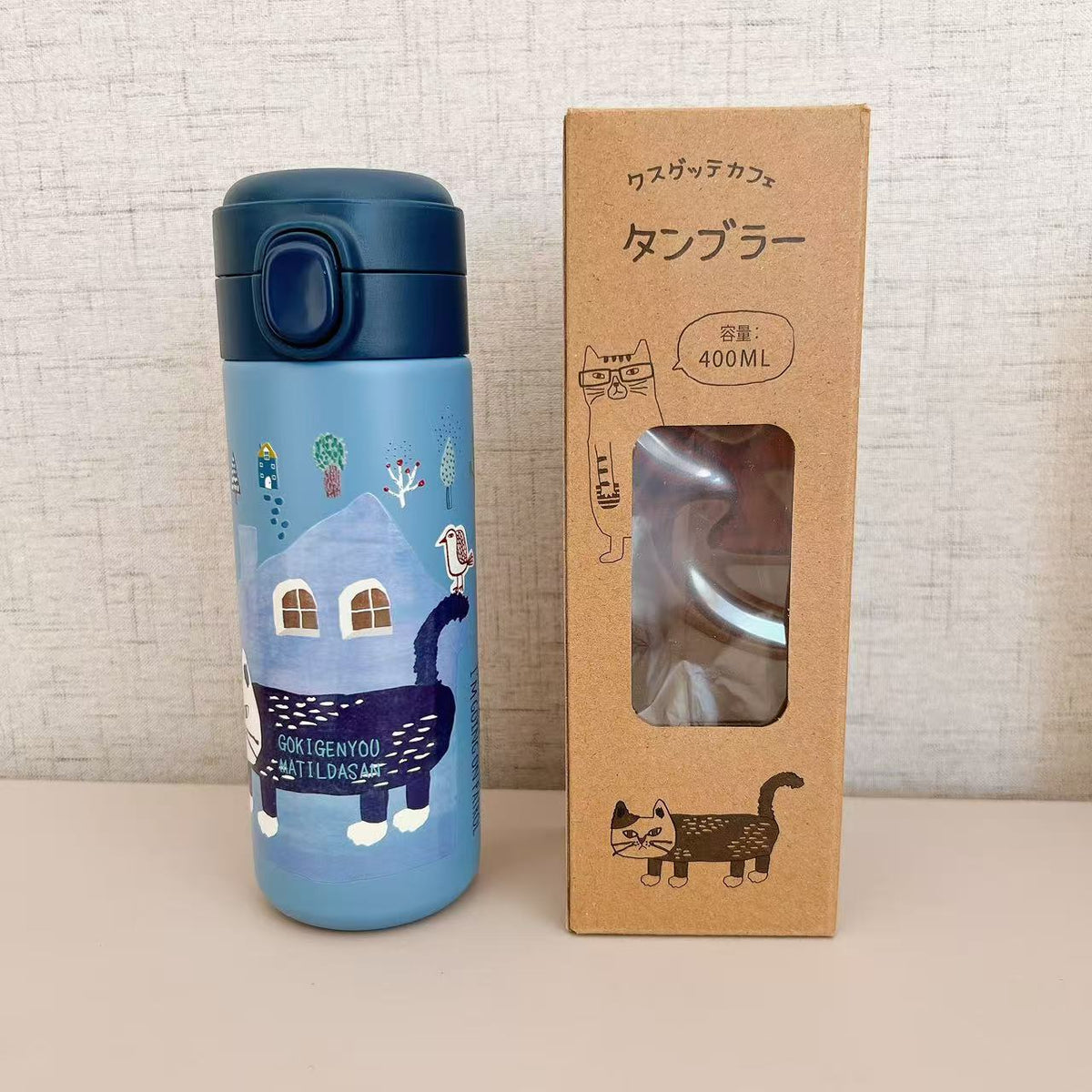 日本kusuguru貓咪圖案保溫杯隔熱方便攜帶304不鏽鋼直筒杯保冷244｜爬貓藍色7701-2／400 ml