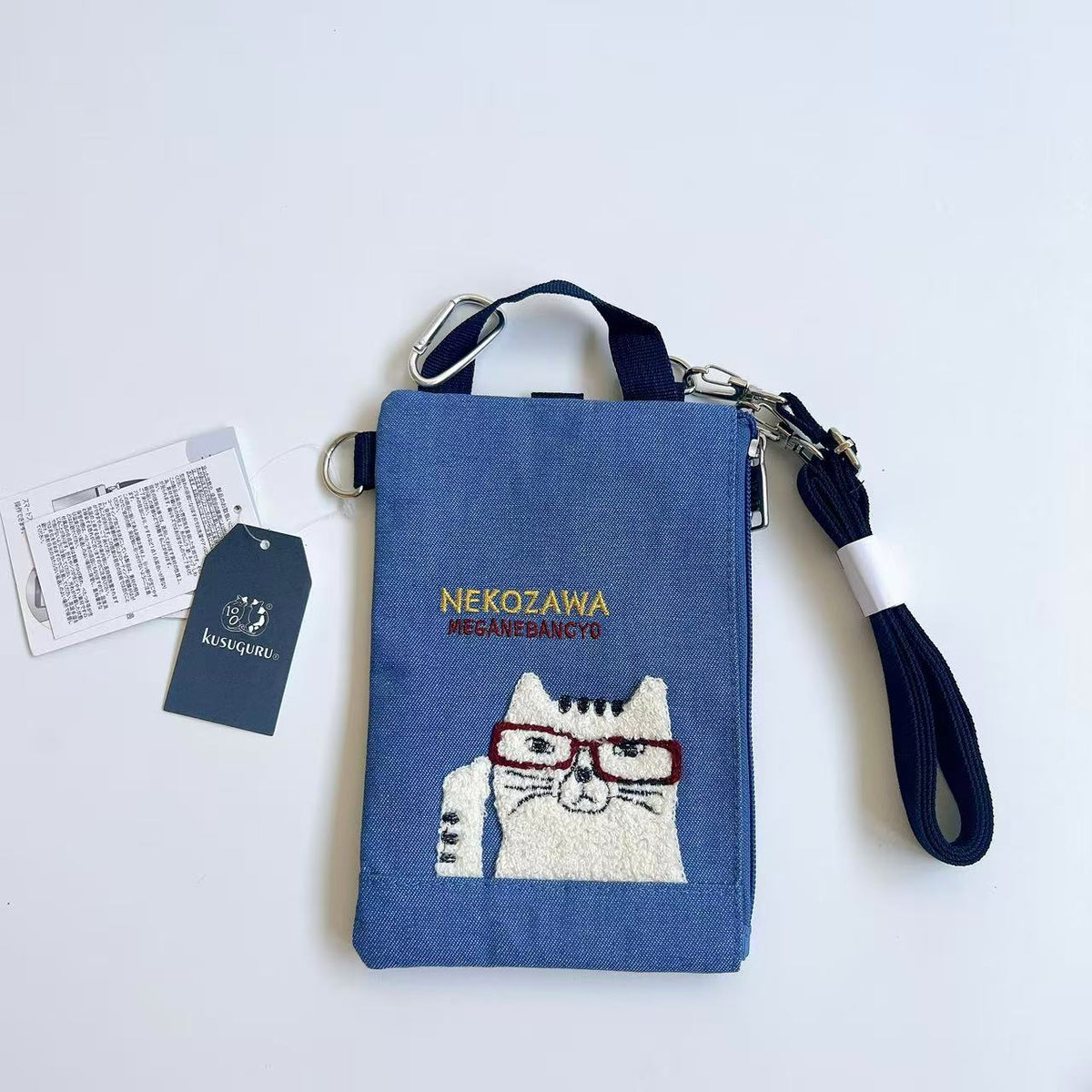 日本Kusuguru正品刺繡貓咪法鬥牛仔手機包斜背包后可觸屏手提435｜眼鏡貓淺牛仔藍10017-1