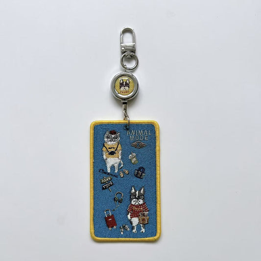 Kusuguru正品重工刺繡貓咪法鬥卡套IC卡套悠遊卡套掛飾卡通｜露西保羅藍9425-2