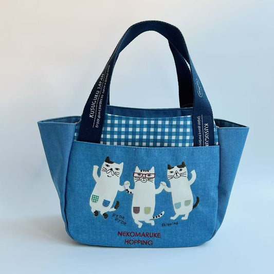 日本Kusuguru正品刺繡眼鏡貓手提包手提包元寶包飯盒包通勤500｜眼鏡貓藍9402-2