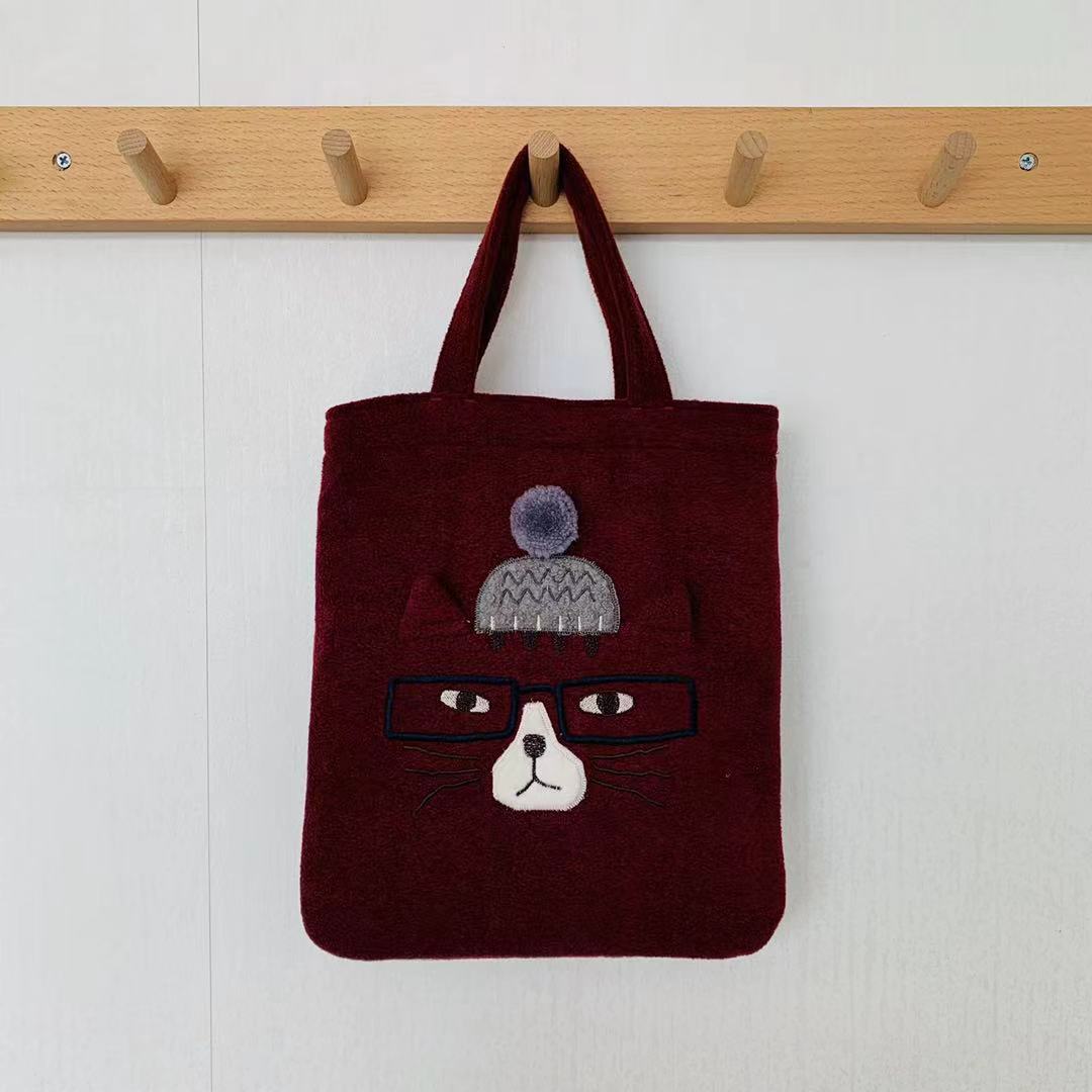 日本新款刺繡貓咪手提包刷毛手提包ipad包補習逛街購物通勤874｜眼鏡貓紅