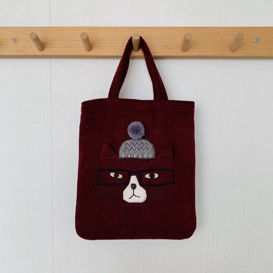日本新款刺繡貓咪手提包刷毛手提包ipad包補習逛街購物通勤874｜眼鏡貓紅