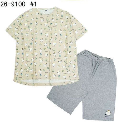 日本Kusuguru正品印花居家服睡裙套裝短袖短褲天竺棉卡通519｜短袖套裝小雞黃9100-1／單一尺寸