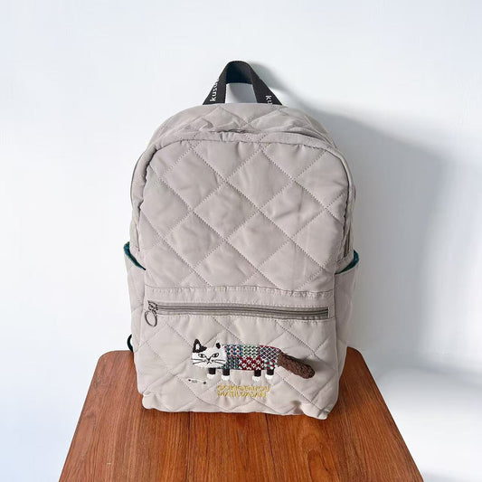日本Kusuguru正品刺繡爬貓後背包絎縫旅行背包補習包媽咪包427｜爬貓米色8694-1