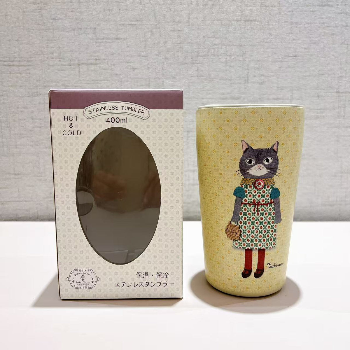 日本Kusuguru正品304不鏽鋼蓋式咖啡杯保溫保冷杯400 ml卡通貓405｜蜜豆黃色8702-2／400 ml